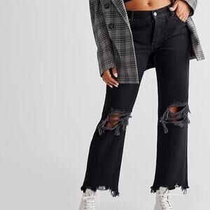 Free People Maggie We The Free Washed Black Distressed Mid Rise Straight Jeans